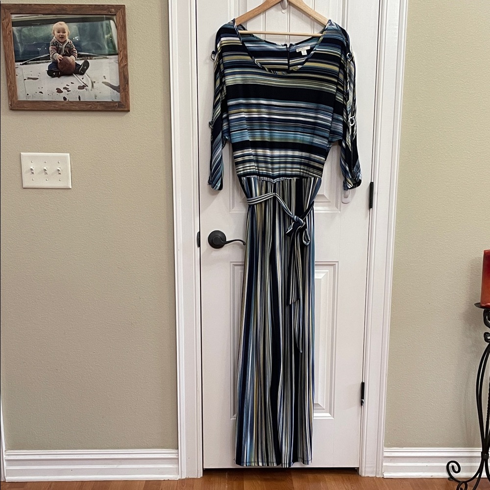Striped Jumpsuit with Tie Waist and Open Grommet Sleeve Size XL